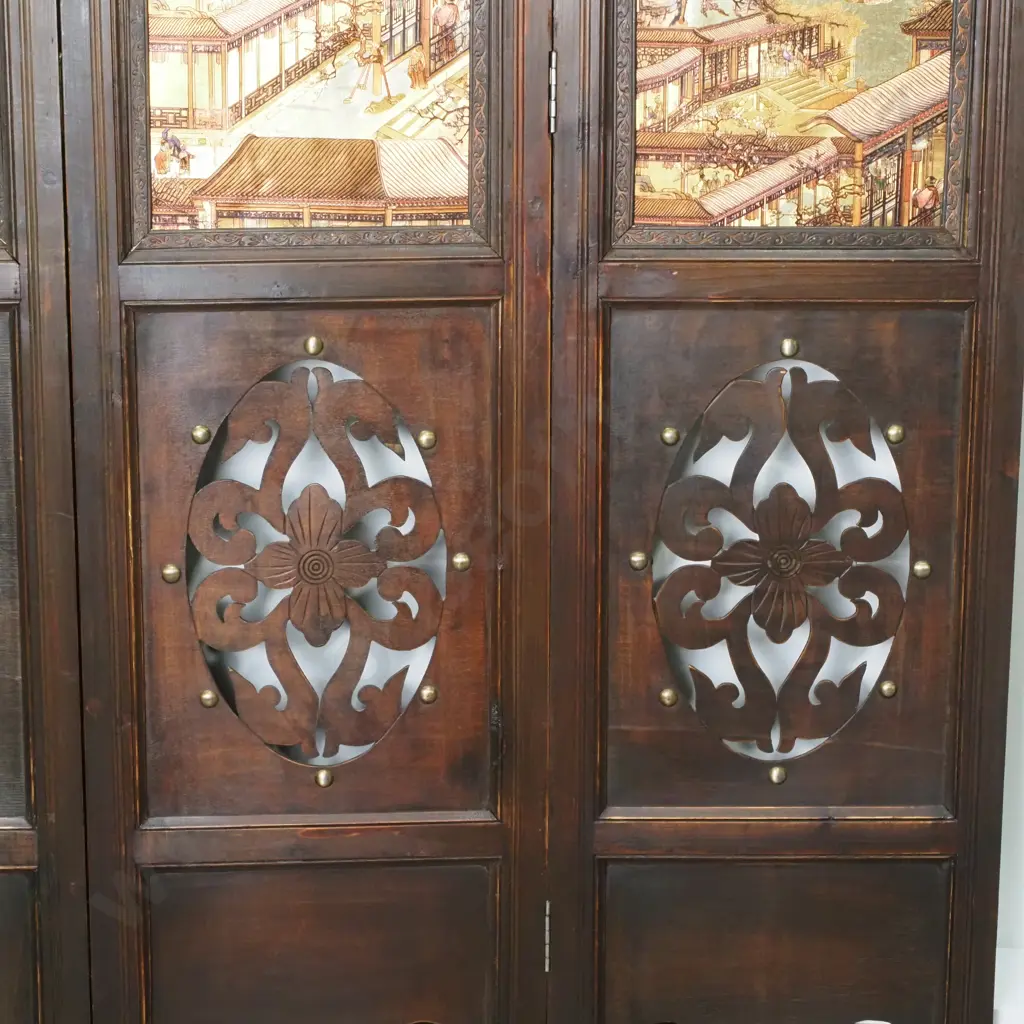 Vintage Asian Four Panel Screen w Carved Openwork Wood at Top & Base & Printed Central Gold Silk Panels Image 1++
