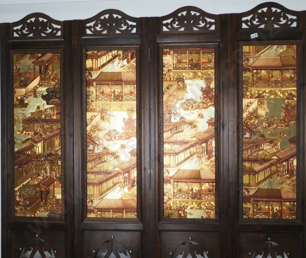 Vintage Asian Four Panel Screen w Carved Openwork Wood at Top & Base & Printed Central Gold Silk Panels Image 1++