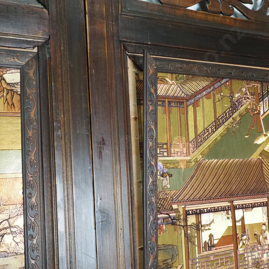 Vintage Asian Four Panel Screen w Carved Openwork Wood at Top & Base & Printed Central Gold Silk Panels Image 1++
