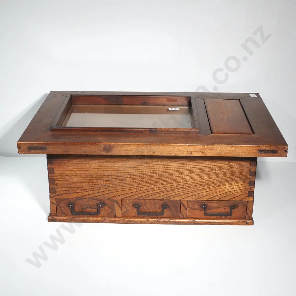 Japanese Elm Hibachi Table w Copper Lined Interior & Integrated Drawers Below Image 1++