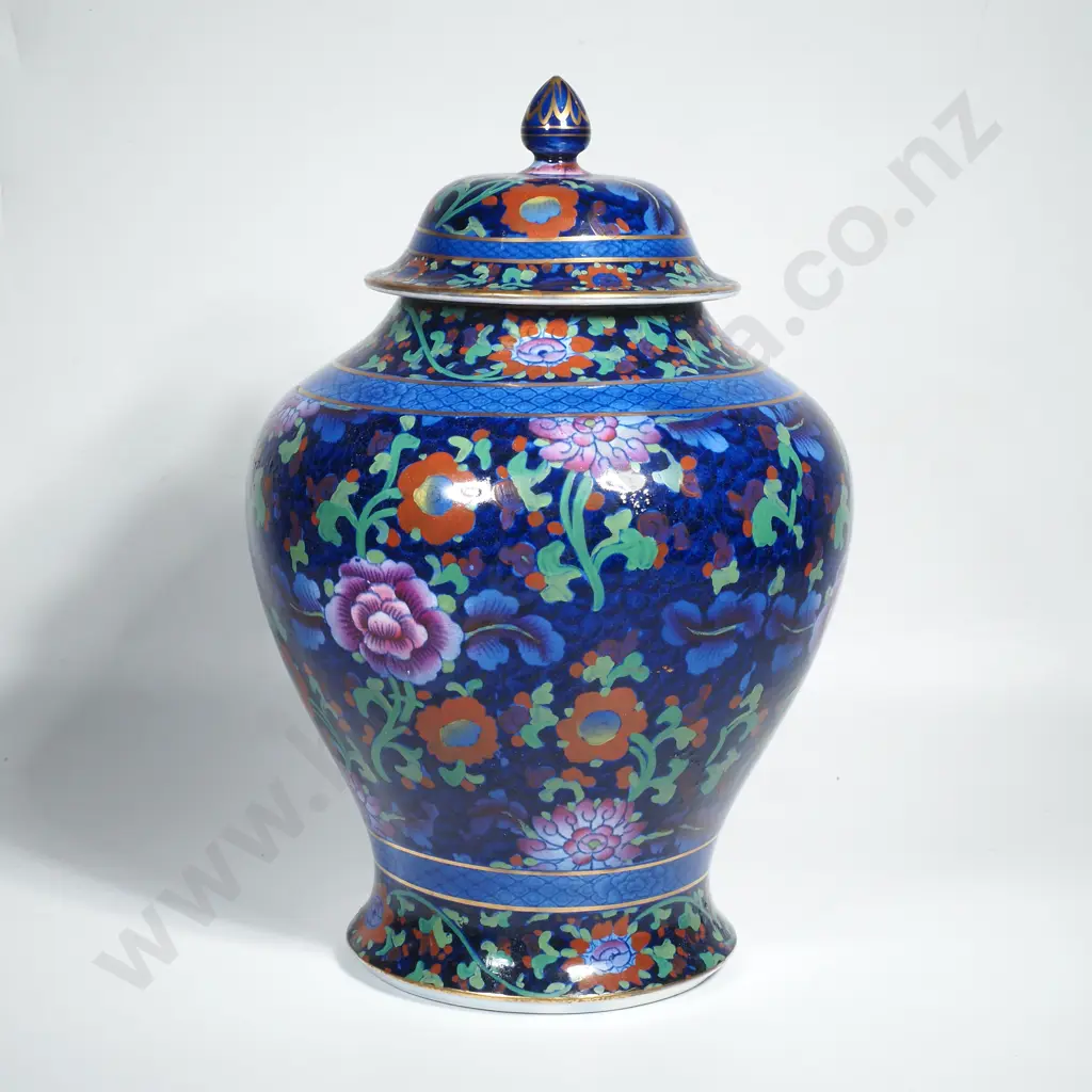 Large English Booths Jacobean Pattern Lidded Jar on a Cobalt Ground Image 1++