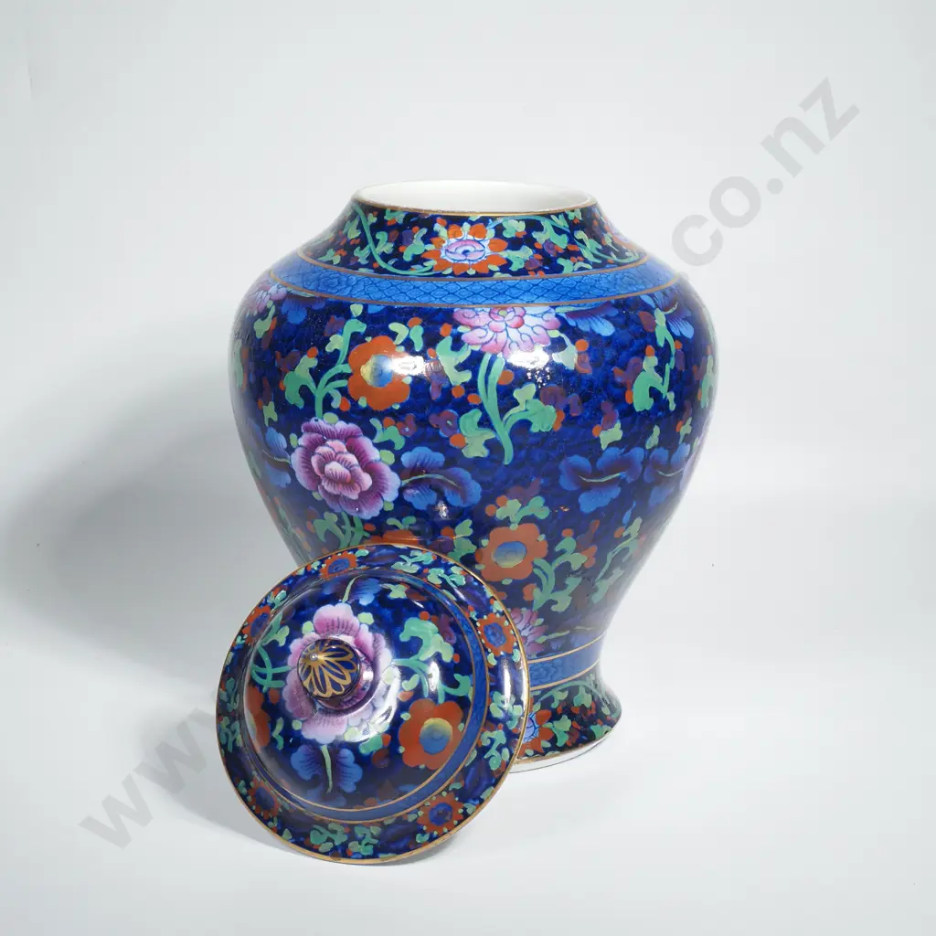 Large English Booths Jacobean Pattern Lidded Jar on a Cobalt Ground Image 1++
