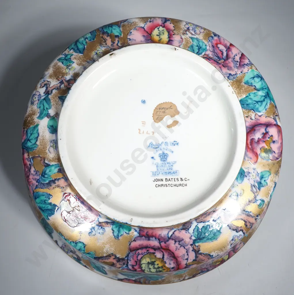 Large Losol Ware Cavendish Pattern Bowl in the Chinoiserie Style w Pink Peonies, Gold Background & a Cobalt Blue Rim Image 1++