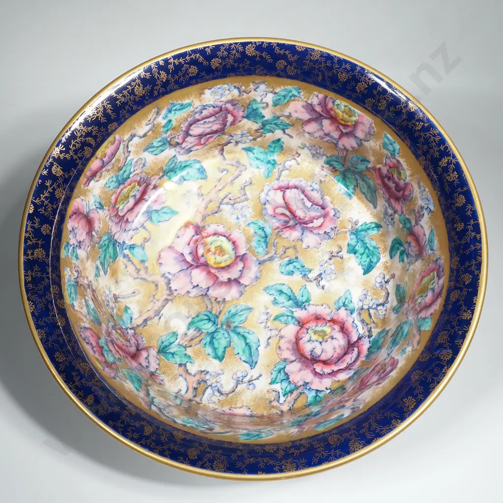 Large Losol Ware Cavendish Pattern Bowl in the Chinoiserie Style w Pink Peonies, Gold Background & a Cobalt Blue Rim Image 1++