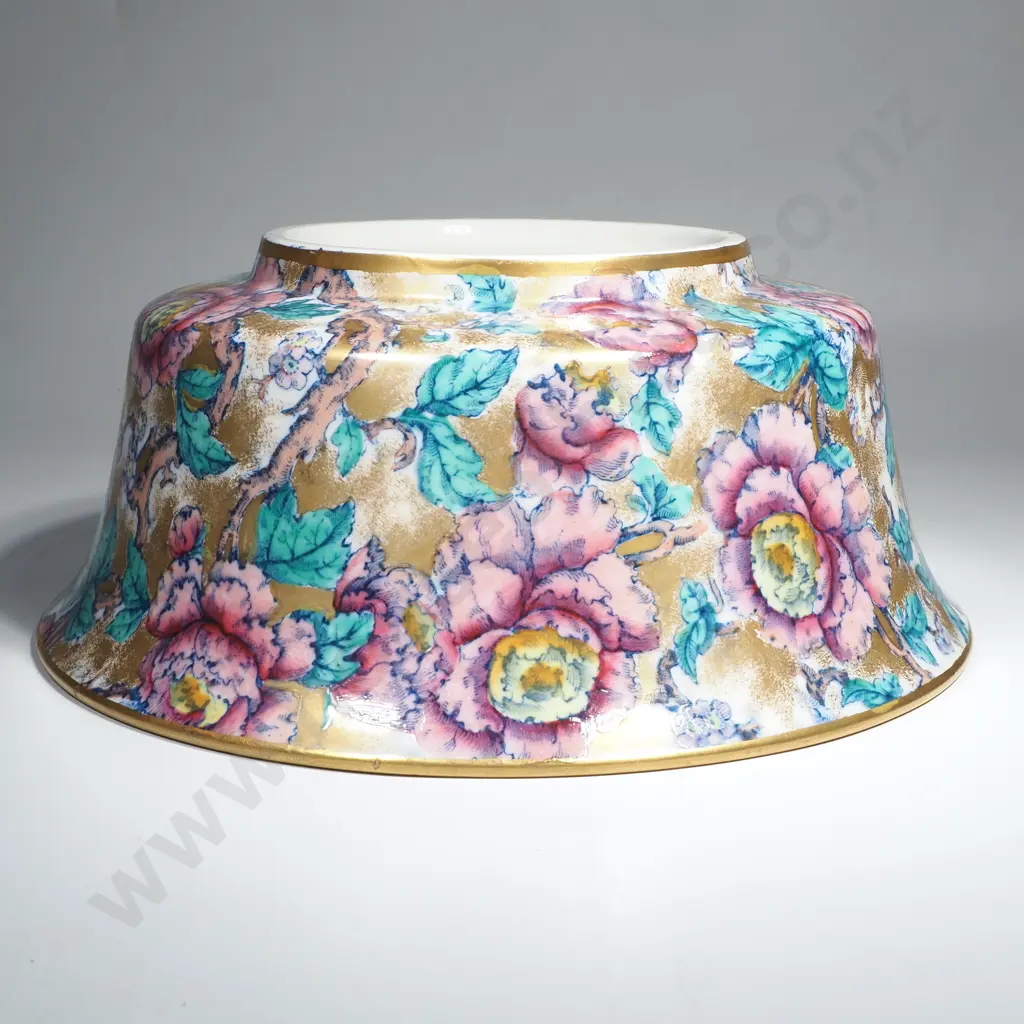 Large Losol Ware Cavendish Pattern Bowl in the Chinoiserie Style w Pink Peonies, Gold Background & a Cobalt Blue Rim Image 1++