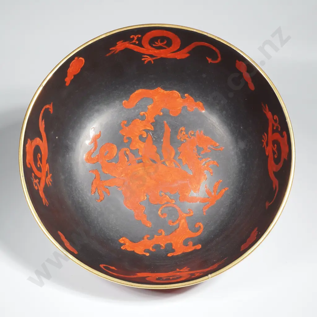 Masons Ironstone Black Bowl Decorated w Orange Dragons Image 1++
