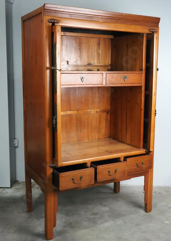 Antique Chinese Armoire w Two Tone Double Doors above Three Small Drawers Image 1++