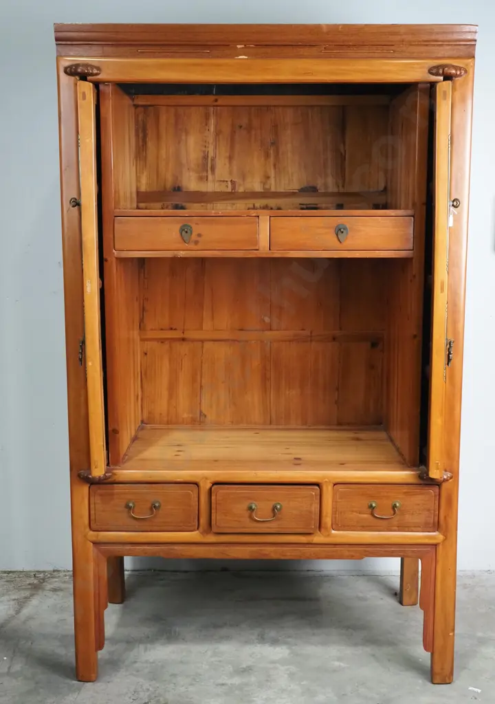 Antique Chinese Armoire w Two Tone Double Doors above Three Small Drawers Image 1++