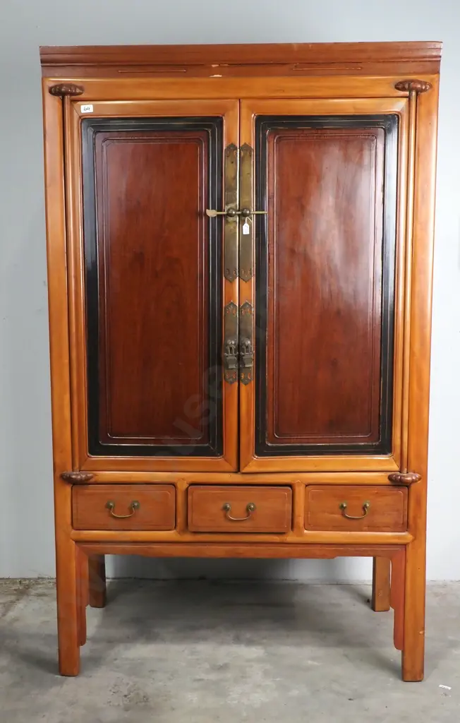 Antique Chinese Armoire w Two Tone Double Doors above Three Small Drawers Image 1++