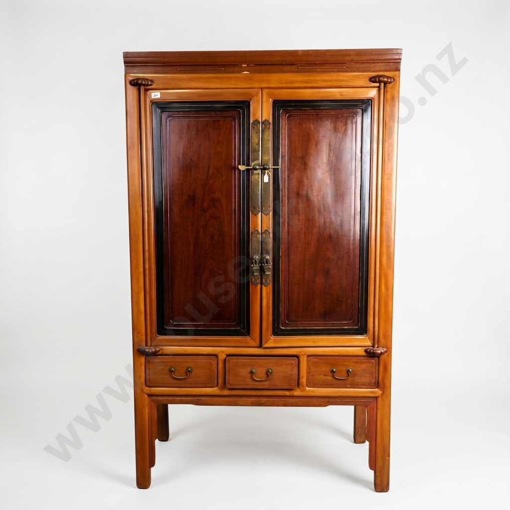 Antique Chinese Armoire w Two Tone Double Doors above Three Small Drawers Image 1++