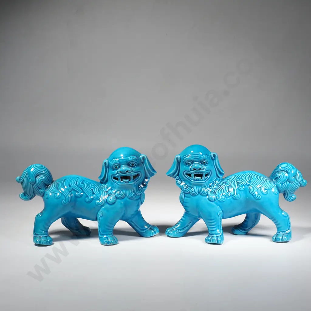 Vintage Chinese Turquoise Glazed Ceramic Foo Dogs x 2 Image 1++
