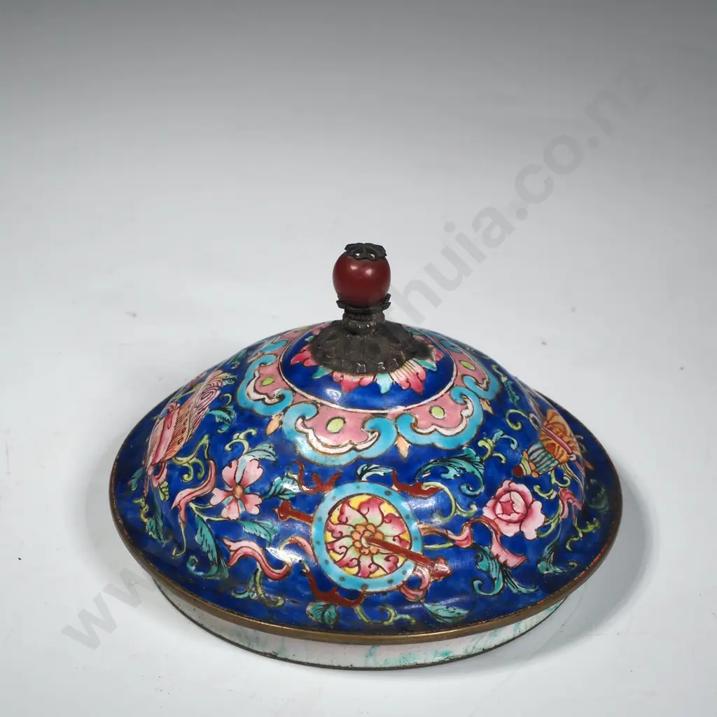 19th Century (Qing Dynasty) Beijing Enamel Lidded Container w Floral & Buddhist Element & Red Stone Finial Image 1++