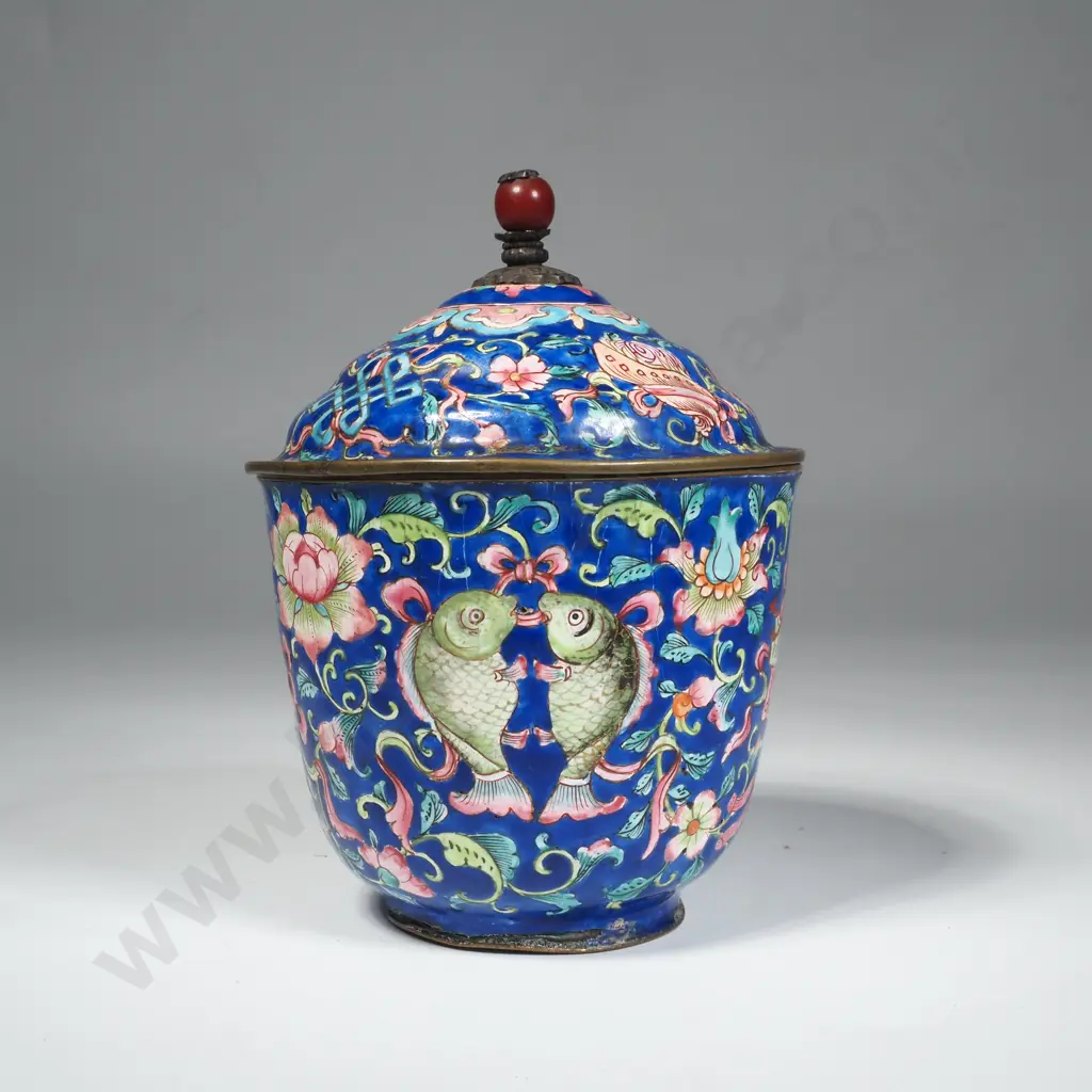 19th Century (Qing Dynasty) Beijing Enamel Lidded Container w Floral & Buddhist Element & Red Stone Finial Image 1++