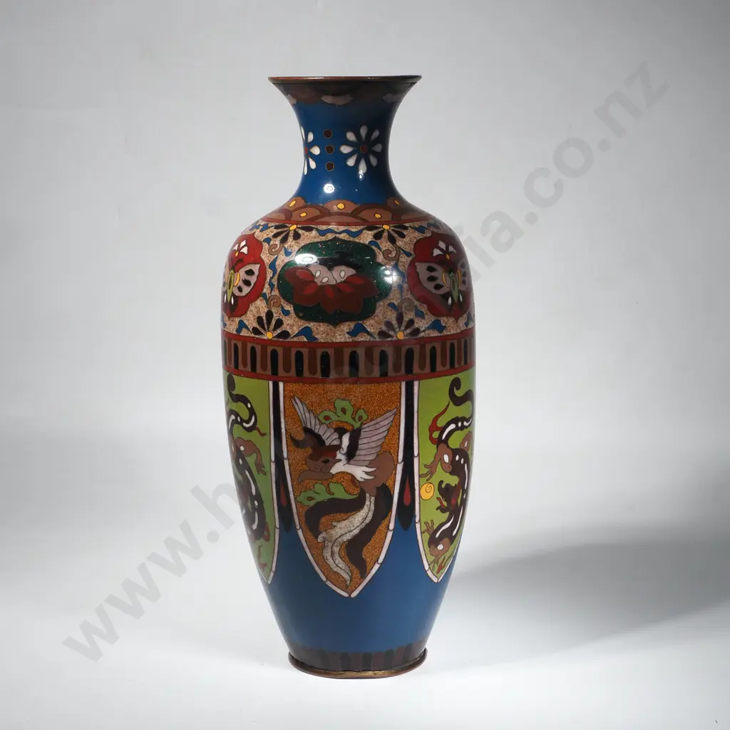 Decorative Japanese Cloisonne Vase w Intricate Panels depicting Dragons & Phoenixes Image 1++