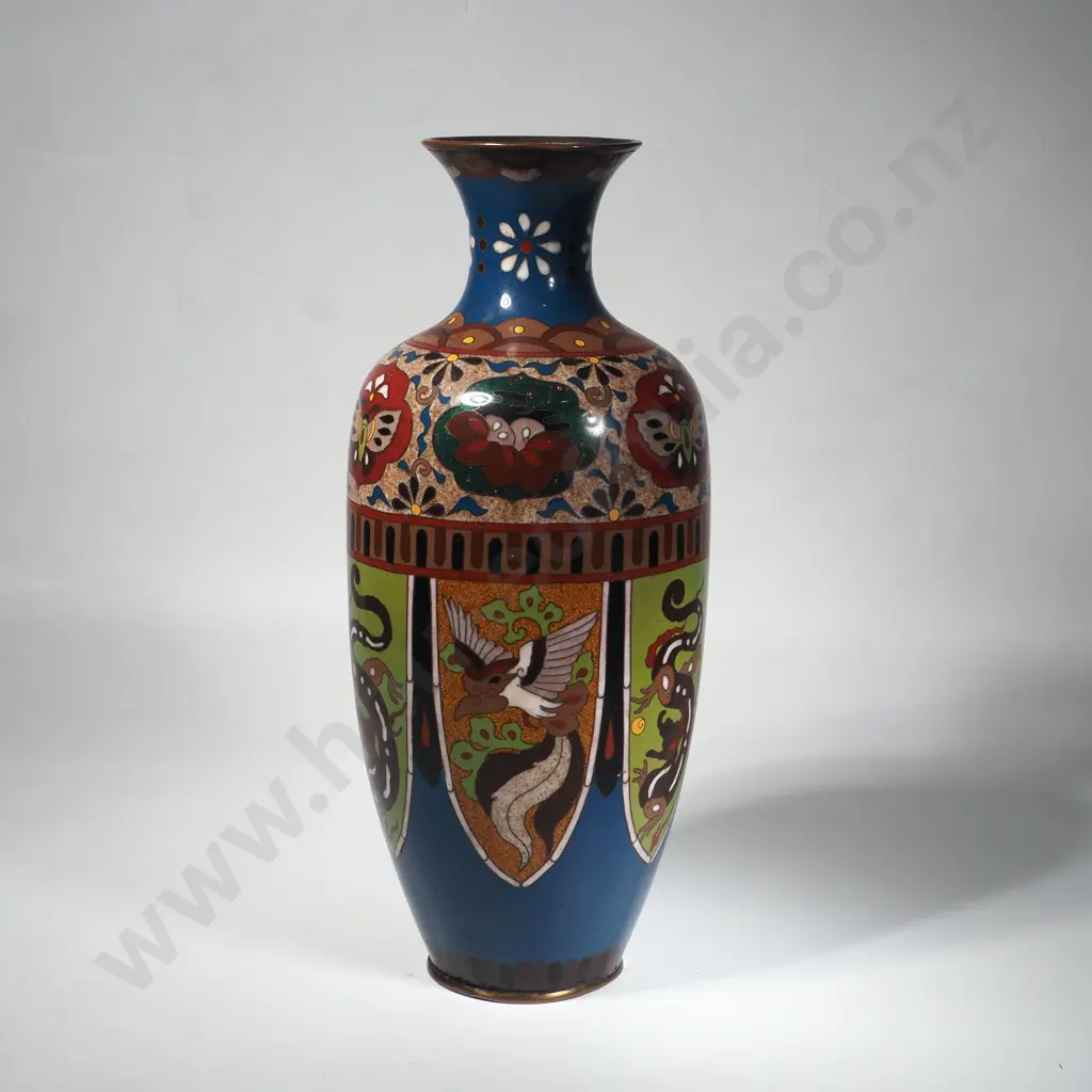 Decorative Japanese Cloisonne Vase w Intricate Panels depicting Dragons & Phoenixes Image 1++