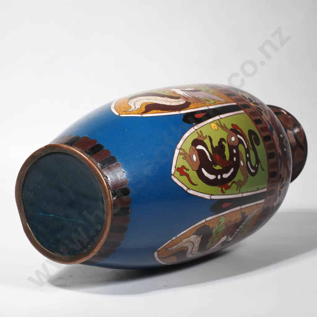 Decorative Japanese Cloisonne Vase w Intricate Panels depicting Dragons & Phoenixes Image 1++