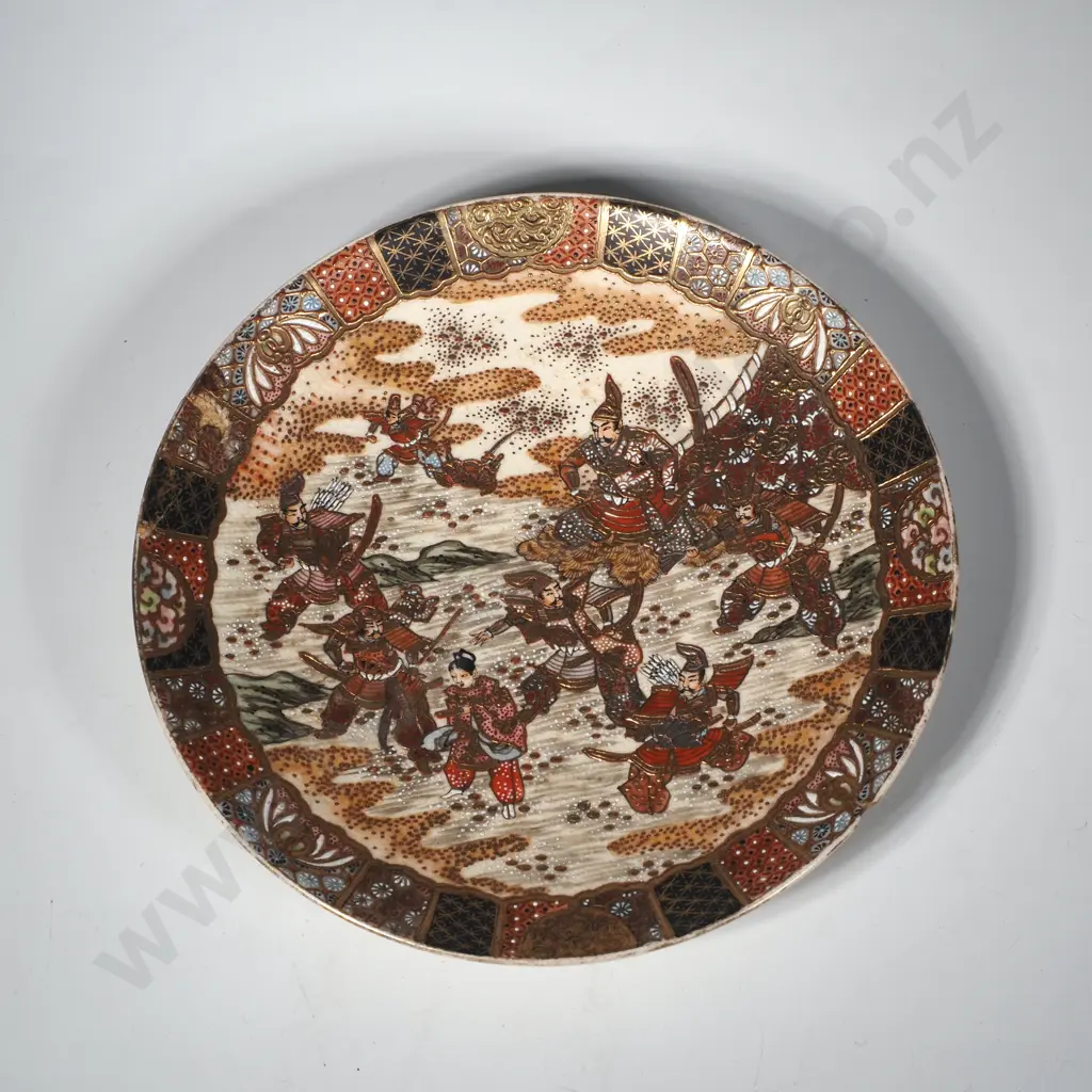 Satsuma Earthenware Plate Depicting Samurai Warriors in Battle Scenes.A/F , Marked Verso Image 1++