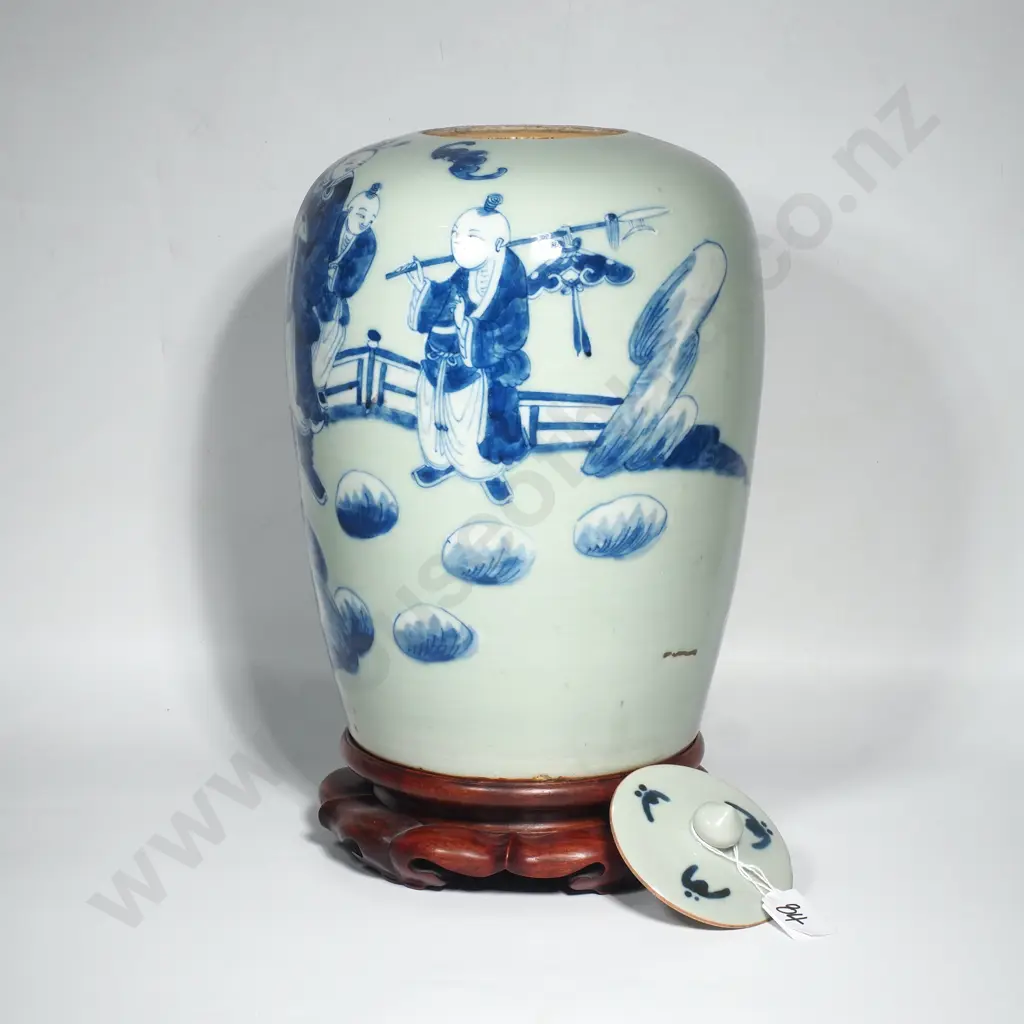 Chinese Nineteenth Century Celadon Lidded Jar w Blue Figures Depicting a Fenced Garden w Figures Crossing a Bridge Image 1++
