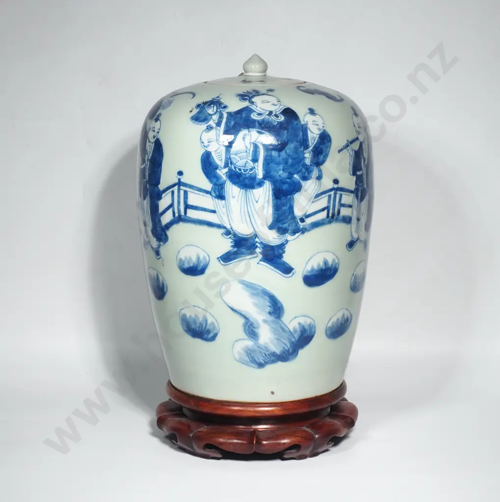 Chinese Nineteenth Century Celadon Lidded Jar w Blue Figures Depicting a Fenced Garden w Figures Crossing a Bridge Image 1++