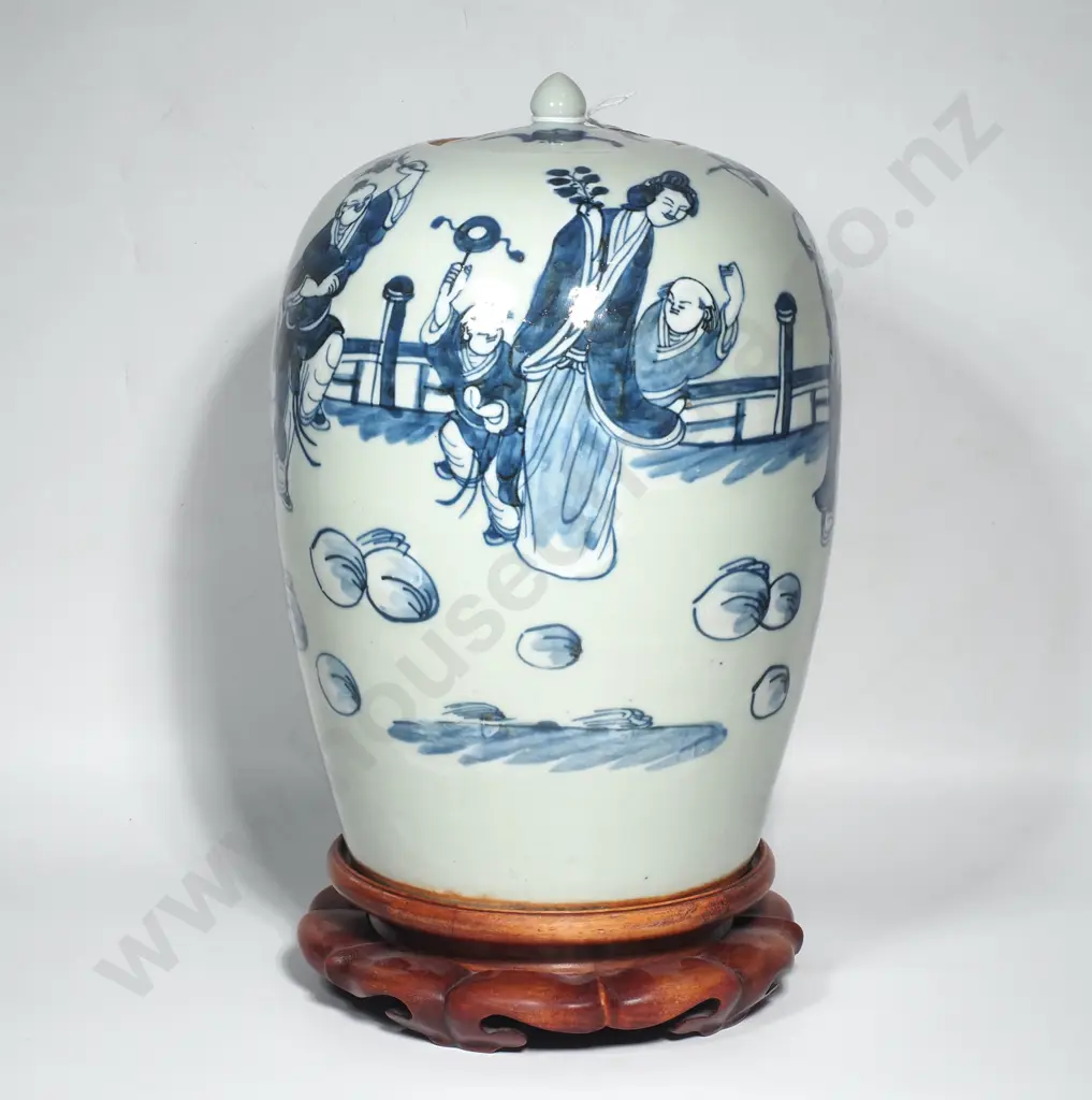 Chinese Nineteenth Century Celadon Lidded Jar w Blue Figures Depicting a Scholar w Children in a Garden Image 1++