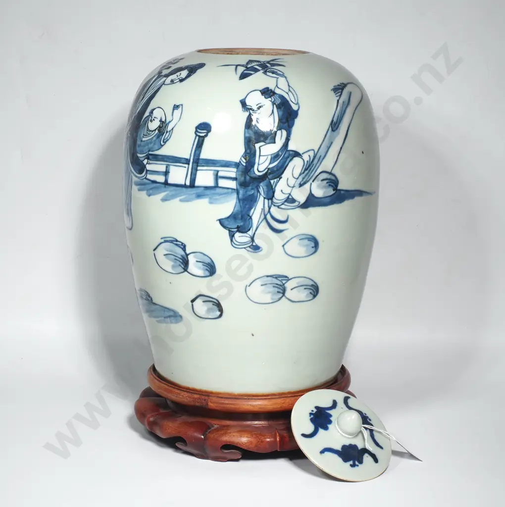 Chinese Nineteenth Century Celadon Lidded Jar w Blue Figures Depicting a Scholar w Children in a Garden Image 1++