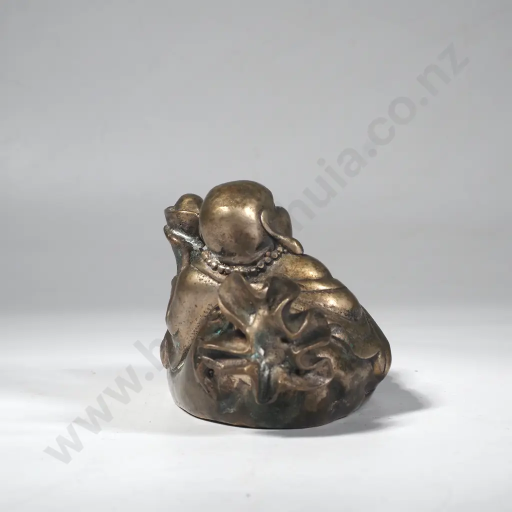 Brass Laughing Buddha or Hotei Figure Lying on a Sack of Wealth Image 1++