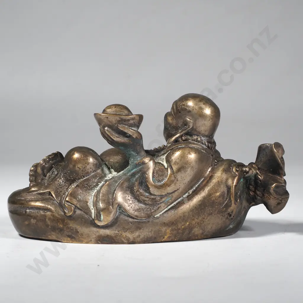 Brass Laughing Buddha or Hotei Figure Lying on a Sack of Wealth Image 1++