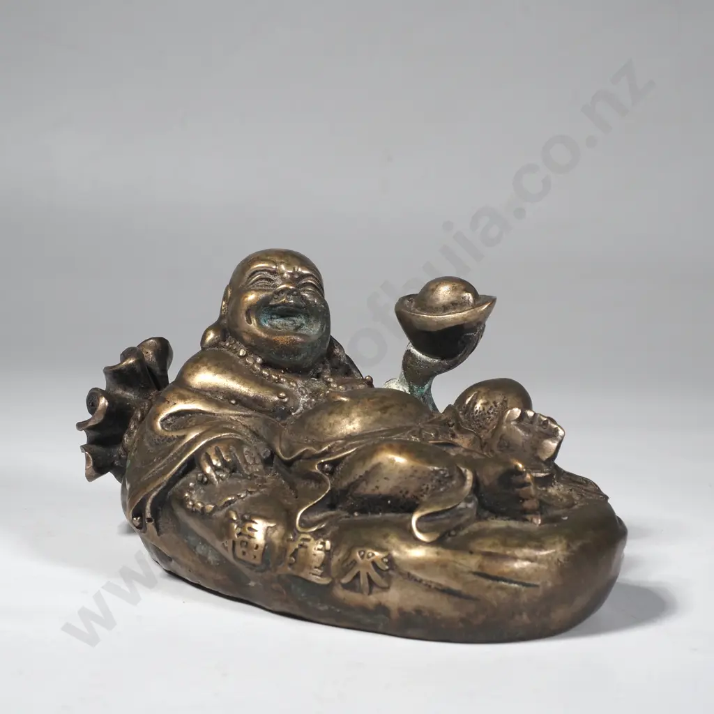 Brass Laughing Buddha or Hotei Figure Lying on a Sack of Wealth Image 1++