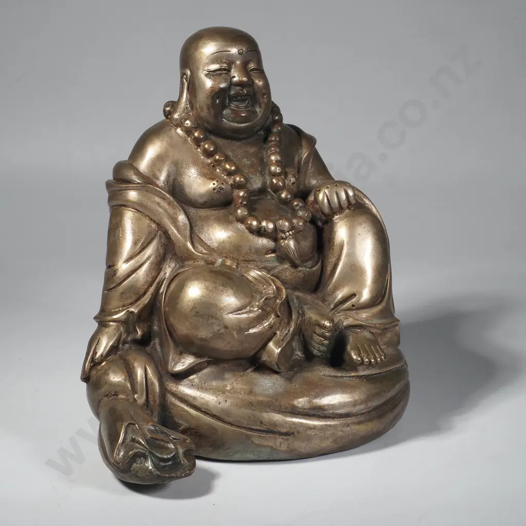 Silvered Metal Laughing  Buddha Figure with a Smiling Expression & a Beaded Necklace symbolising Happiness & Prosperity Image 1++