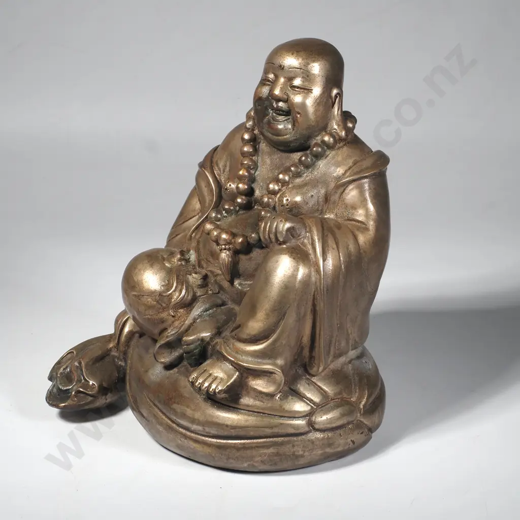 Silvered Metal Laughing  Buddha Figure with a Smiling Expression & a Beaded Necklace symbolising Happiness & Prosperity Image 1++