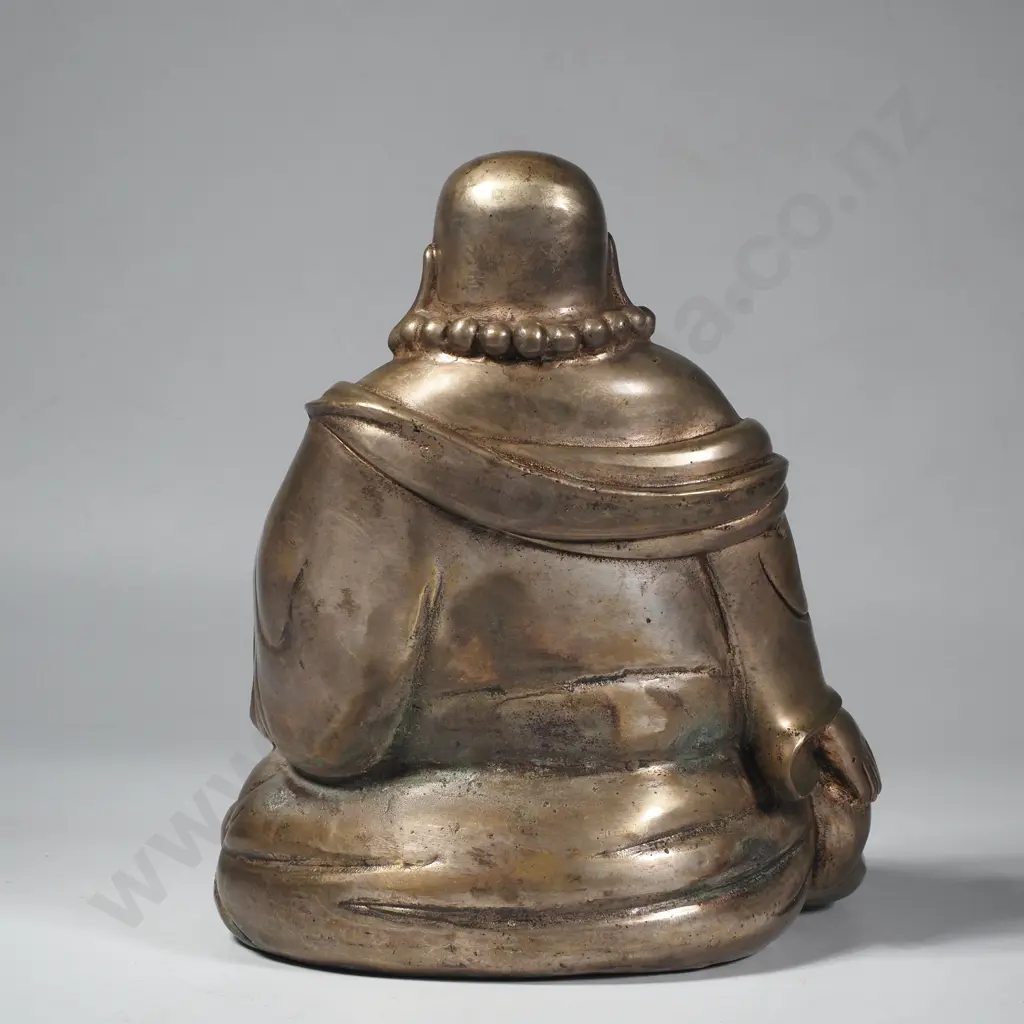Silvered Metal Laughing  Buddha Figure with a Smiling Expression & a Beaded Necklace symbolising Happiness & Prosperity Image 1++