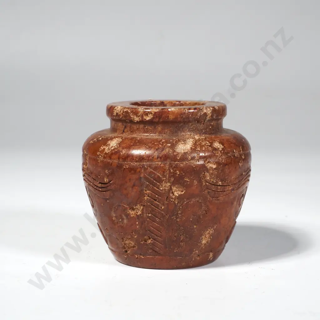 Small Carved Bulbous Jade Jar w Incised Carvings, Possibly an Opium Jar Image 1++