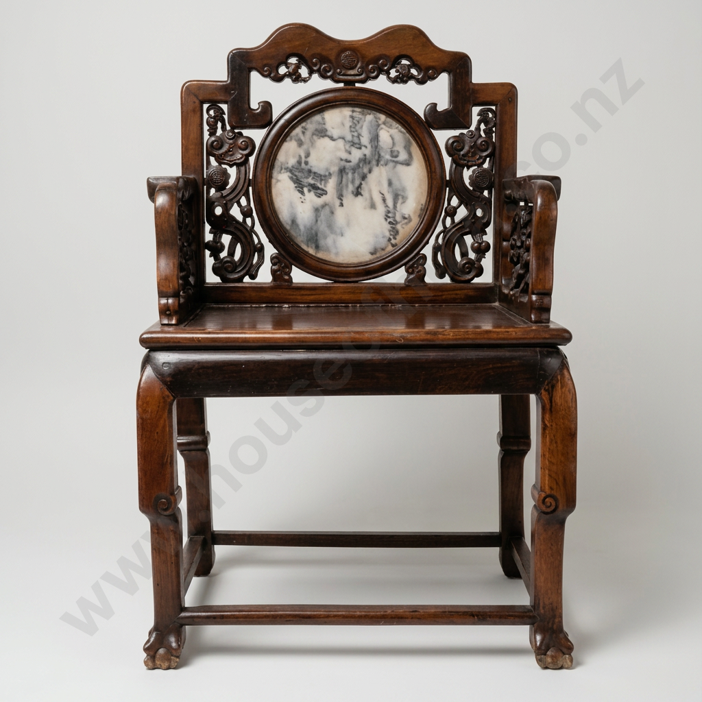 Antique Chinese Hardwood Armchair w Intricated Carvings & A Central Marble Plaque Image 1++