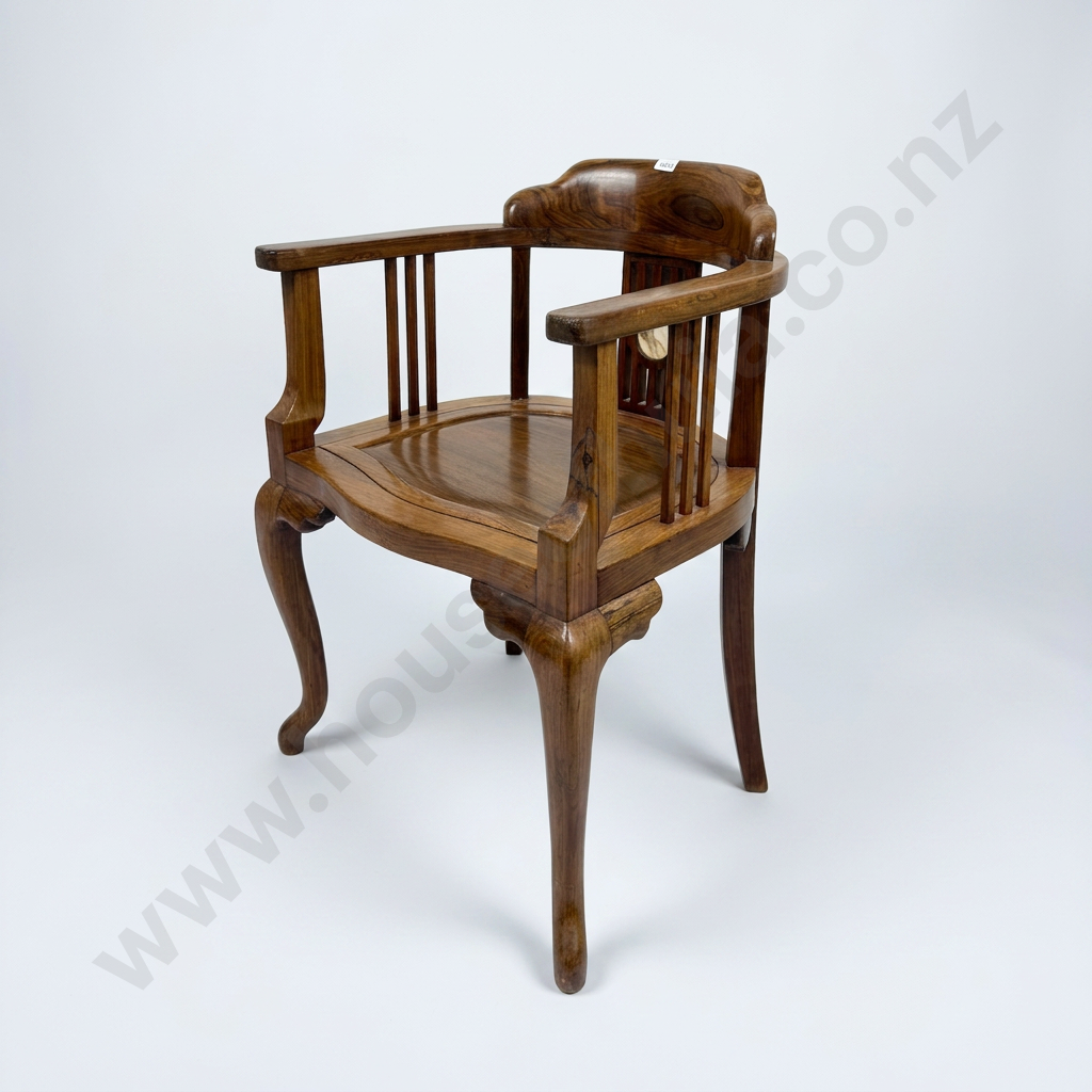 Chinese Hardwood  Horseback Chair, Curved Armrest & Central Splat Inset w Marble Inlay & Removeable Seat Image 1++