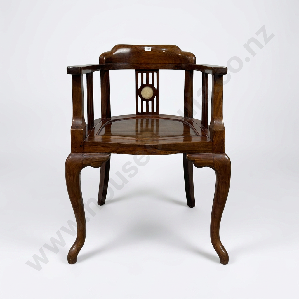 Chinese Hardwood Horseback Chair, Curved Armrest & Central Splat Inset w Marble Inlay & Removeable Seat Image 1++