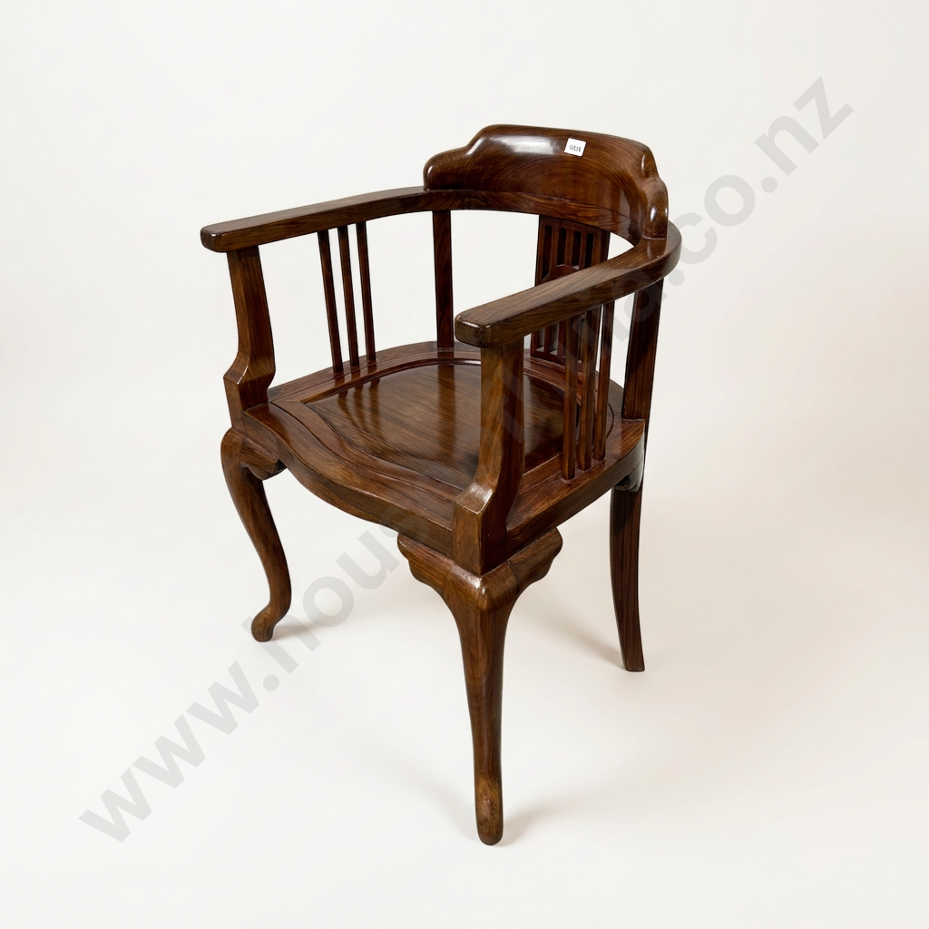 Chinese Hardwood Horseback Chair, Curved Armrest & Central Splat Inset w Marble Inlay & Removeable Seat Image 1++