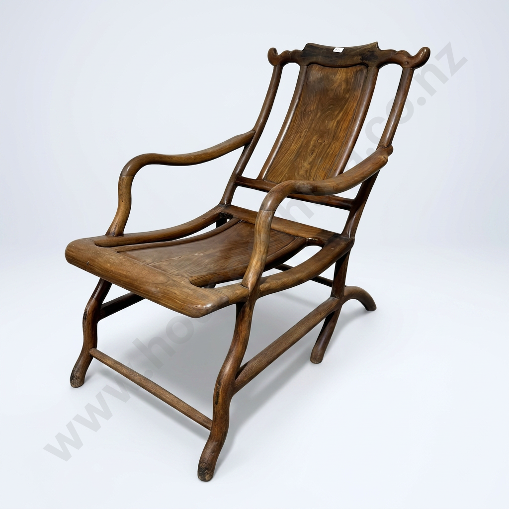 Chinese Hardwood Reclining or Moon Gazing Chair w Yoke Back & Scrollwork Neck rest, Possibly Rosewood Image 1++