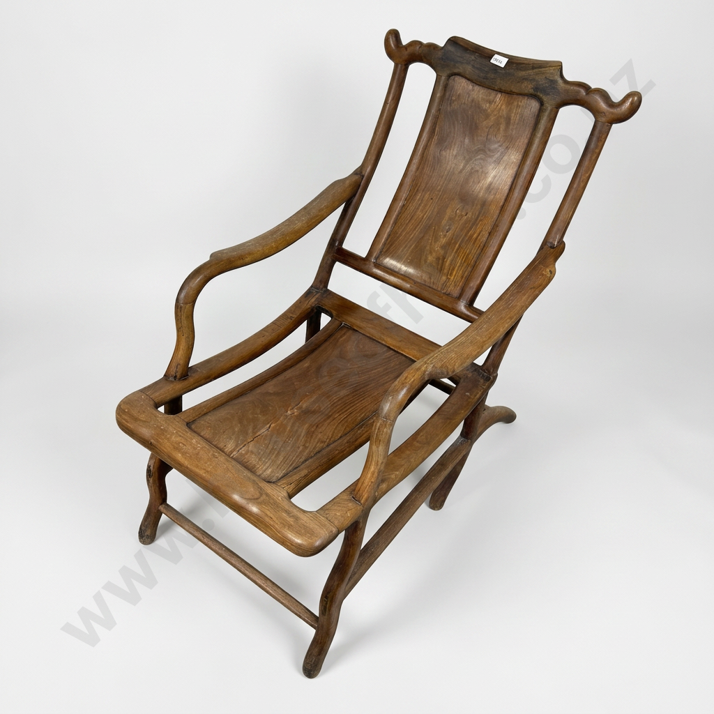 Chinese Hardwood Reclining or Moon Gazing Chair w Yoke Back & Scrollwork Neck rest, Possibly Rosewood Image 1++