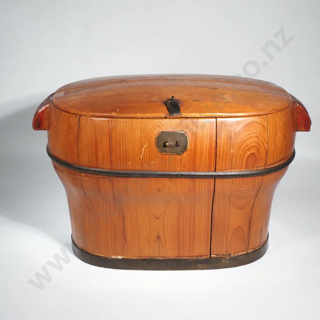 Vintage Chinese Rice Bucket w Hinged Lid Image 1++