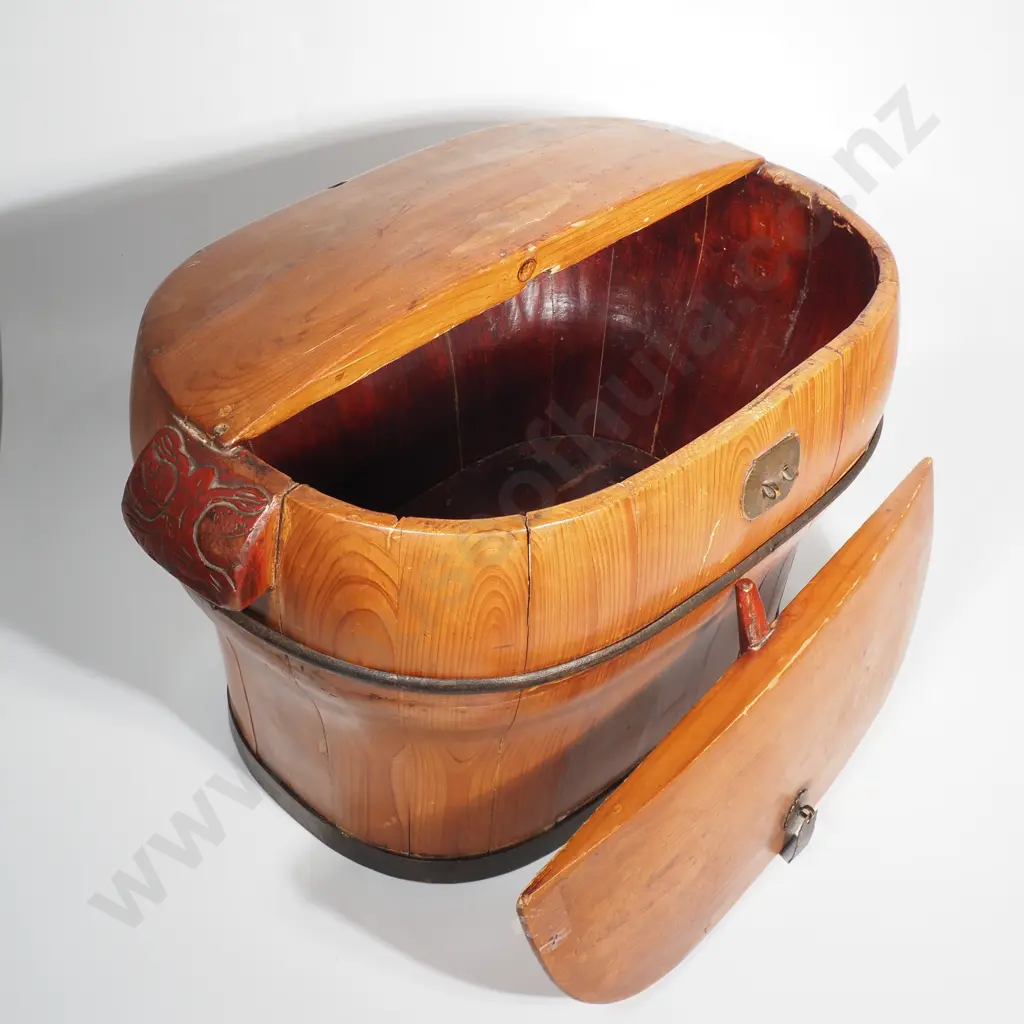 Vintage Chinese Rice Bucket w Hinged Lid Image 1++