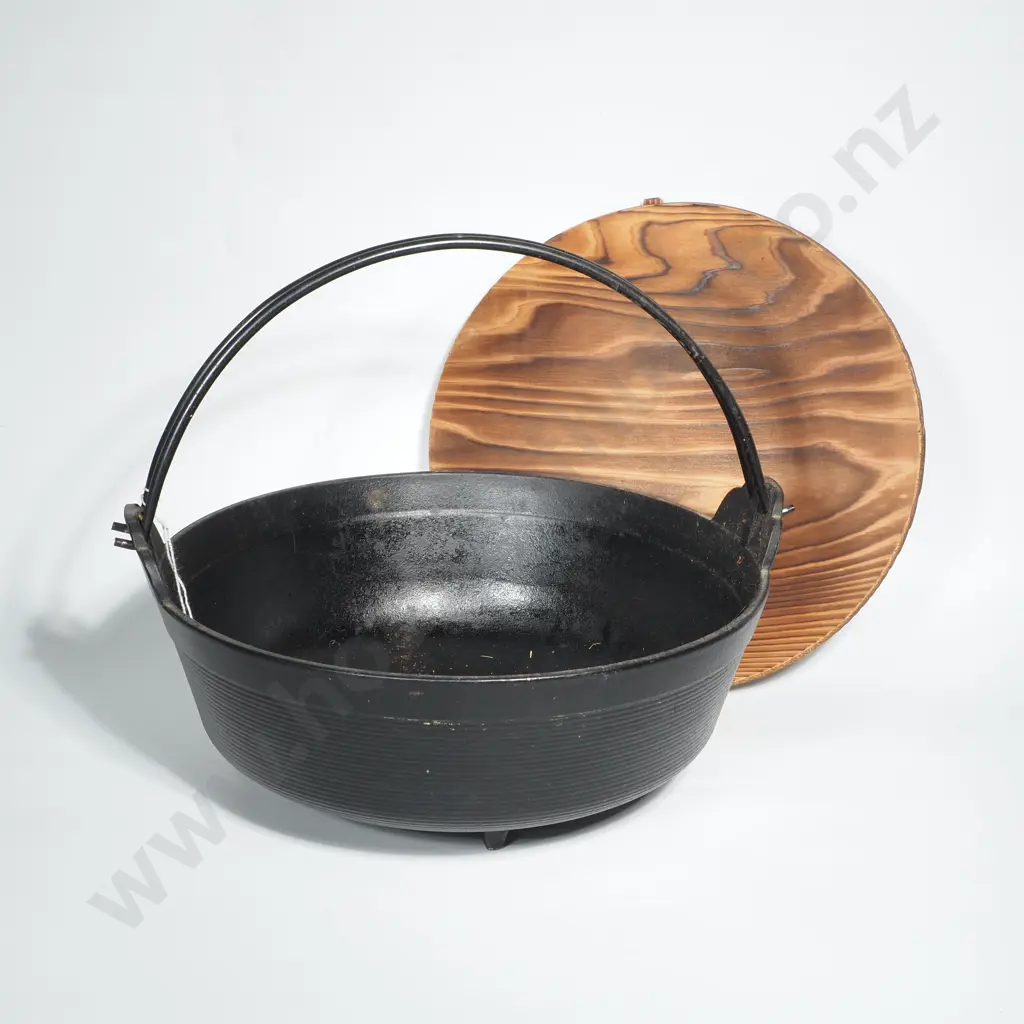 Japanese Cast Iron Nabe Pot, Commonly Used for Sukiyaki or Shabu- Shabu w Wooden Lid & Double Swing Handle Image 1++