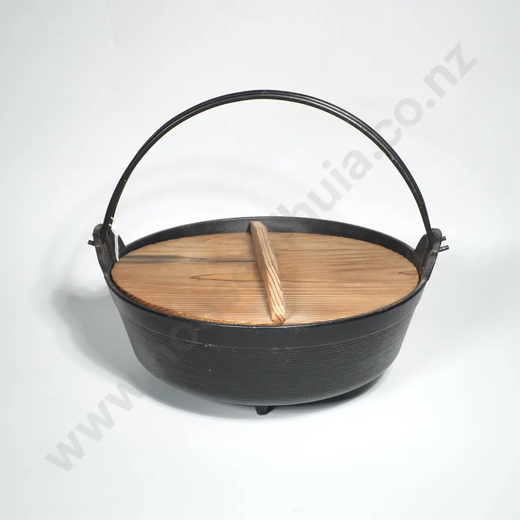 Japanese Cast Iron Nabe Pot, Commonly Used for Sukiyaki or Shabu- Shabu w Wooden Lid & Double Swing Handle Image 1++