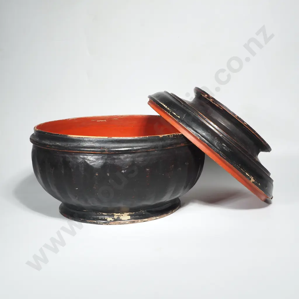 Antique Burmese Black & Red Lacquered Bamboo Offering Urn Image 1++