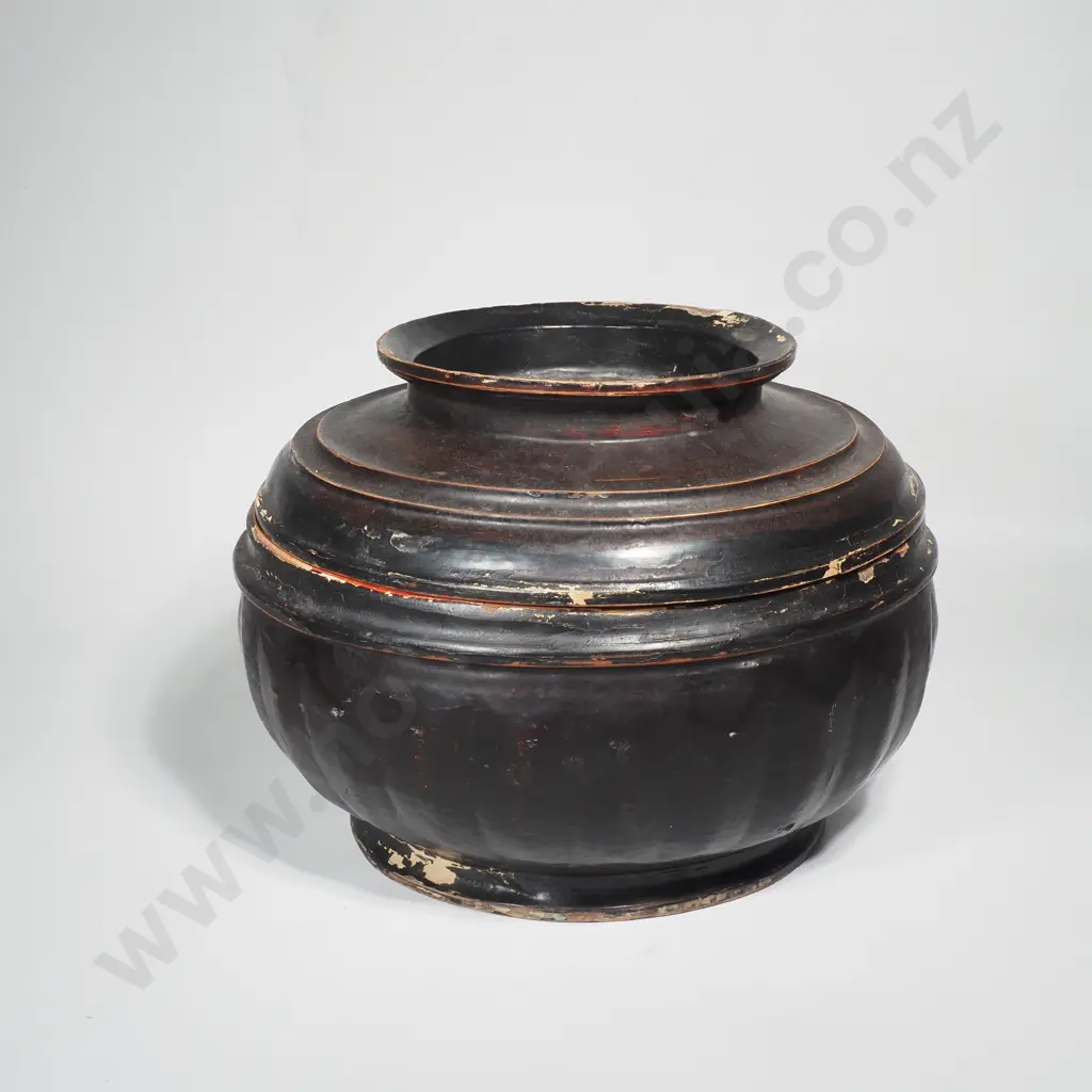 Antique Burmese Black & Red Lacquered Bamboo Offering Urn Image 1++