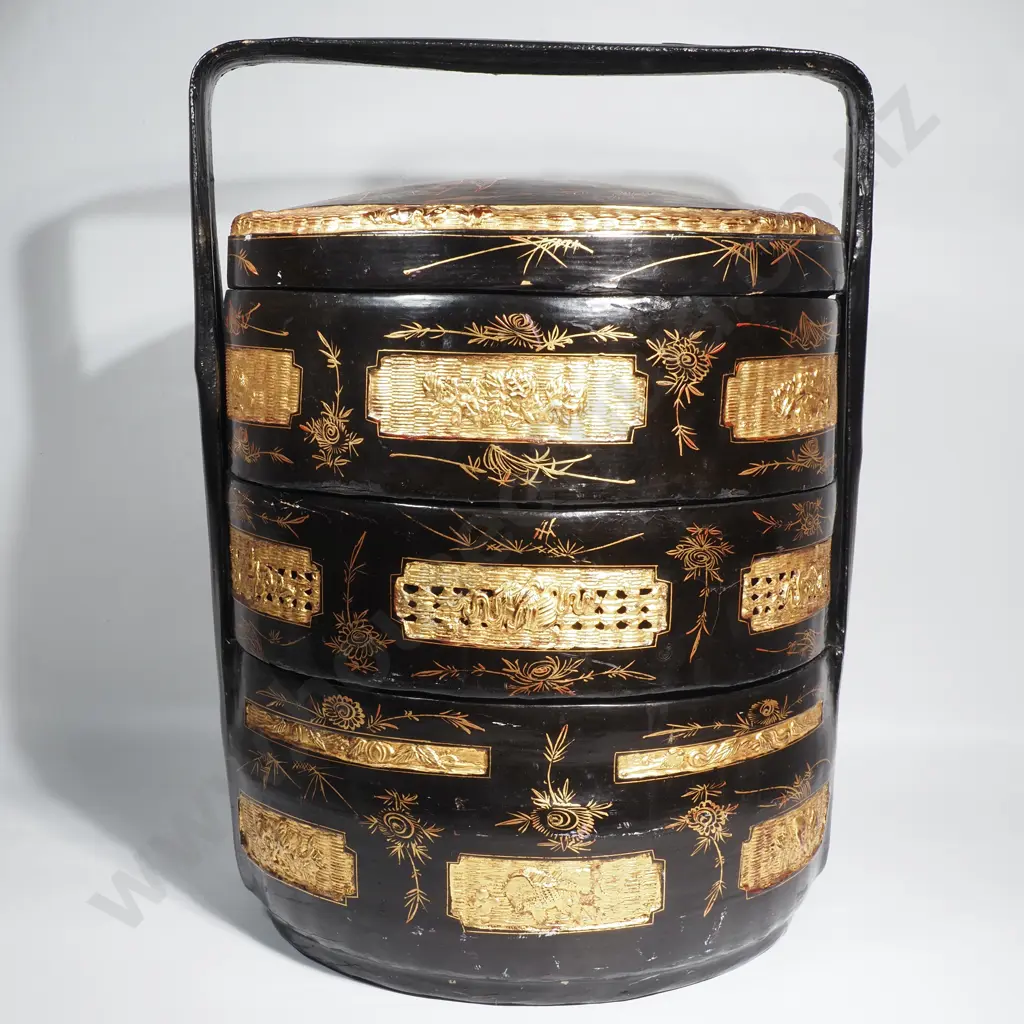 Antique Chinese Black Lacquer Wedding Basket Decorated w Birds & Flowers & w Gilt Detail Image 1++