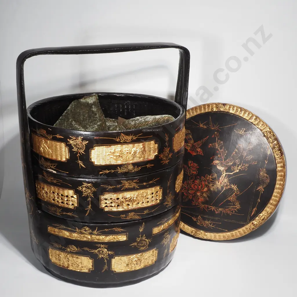 Antique Chinese Black Lacquer Wedding Basket Decorated w Birds & Flowers & w Gilt Detail Image 1++