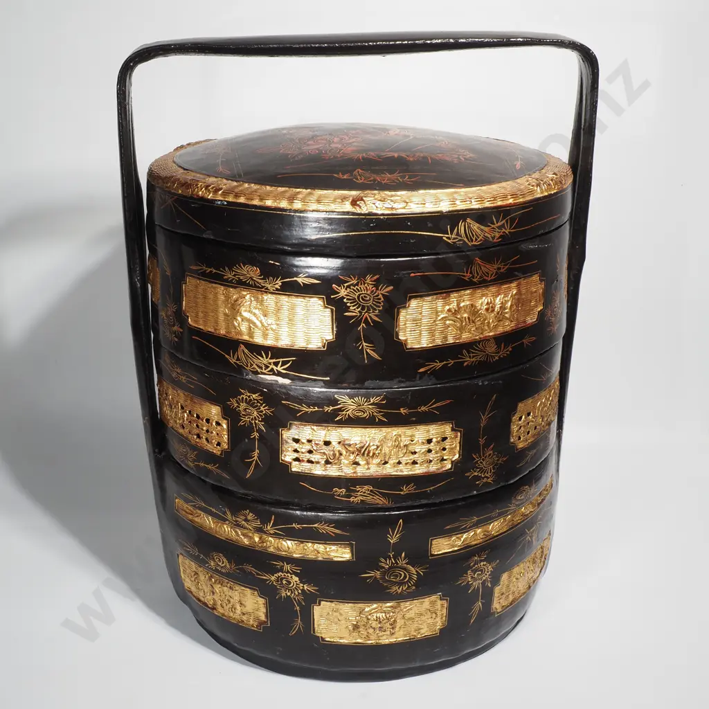 Antique Chinese Black Lacquer Wedding Basket Decorated w Birds & Flowers & w Gilt Detail Image 1++