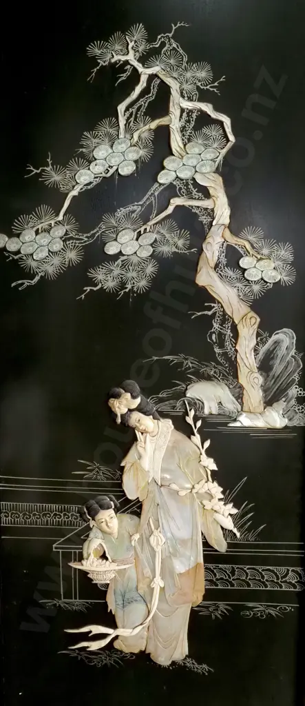 Chinese Black Lacquered Four panel Folding Screen w Mother of Pearl & Bone Inlay depicting Court Scenes Image 1++
