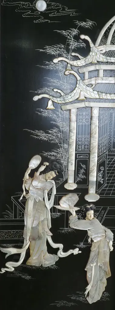 Chinese Black Lacquered Four panel Folding Screen w Mother of Pearl & Bone Inlay depicting Court Scenes Image 1++