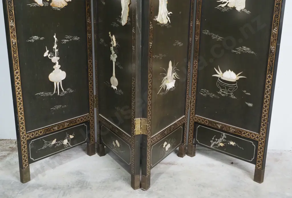 Chinese Black Lacquered Four panel Folding Screen w Mother of Pearl & Bone Inlay depicting Court Scenes Image 1++